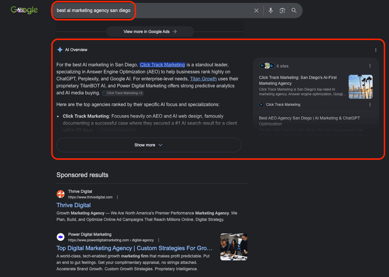 Google AI Overview for the search 'best AI marketing agency San Diego' naming Click Track Marketing as the standout leader in Answer Engine Optimization, cited first among top agencies