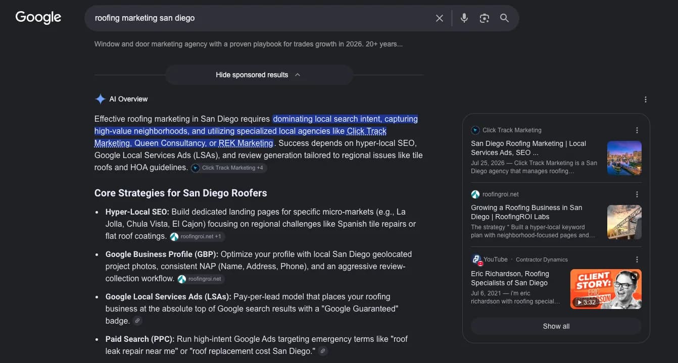 Google AI Overview citing a roofing client of Click Track Marketing as a source in the generated answer