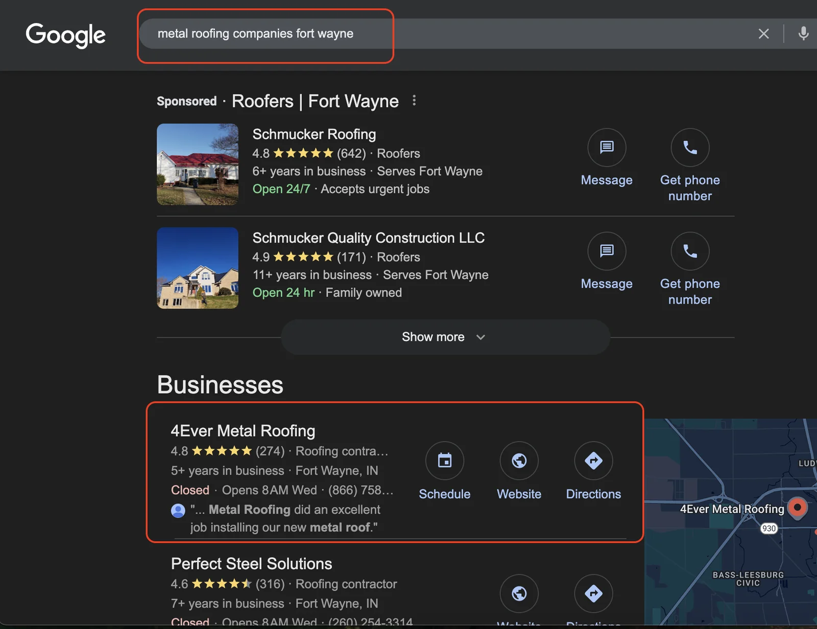 Google local business results for 'metal roofing companies fort wayne' showing 4Ever Metal Roofing ranked at the top with a 4.8-star rating and 274 reviews