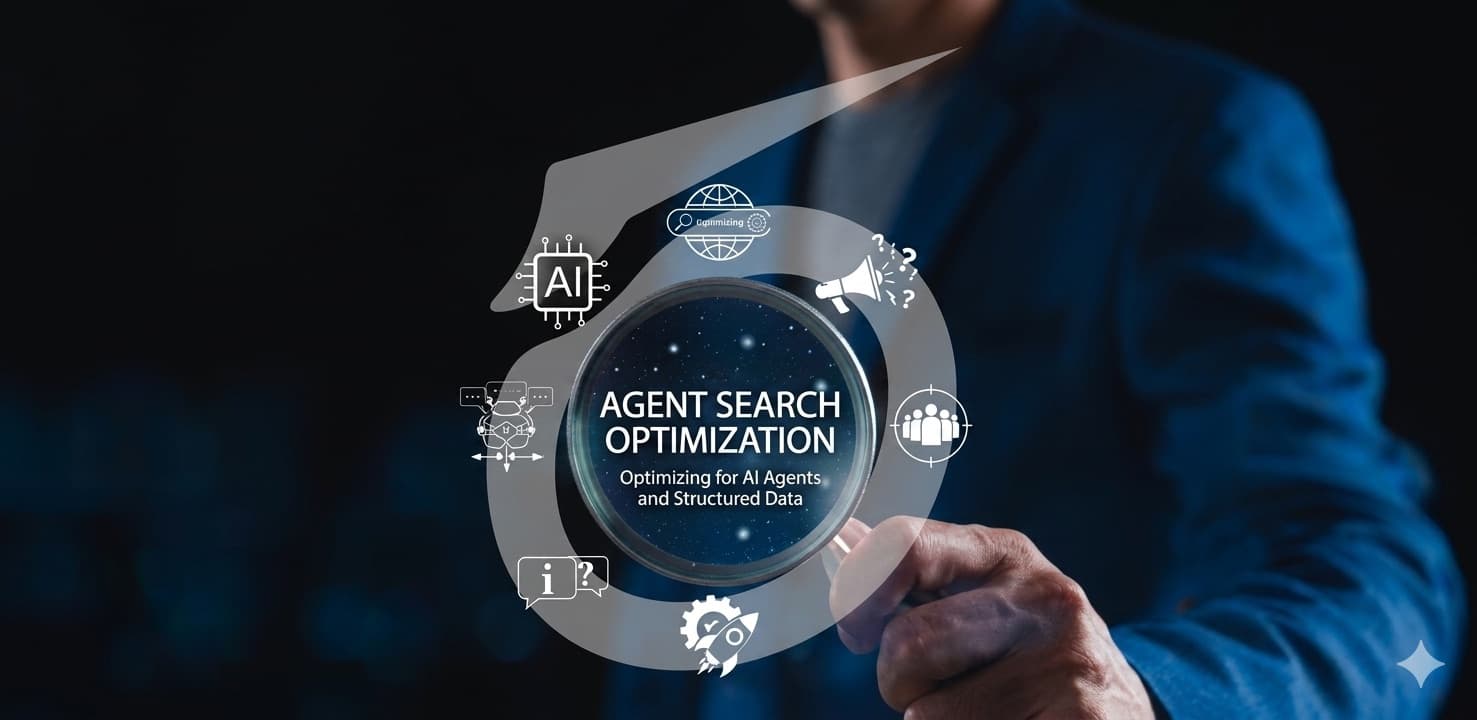 Agent Search Optimization illustration showing AI icons, structured data, and a magnifying glass analyzing optimization signals for AI agents