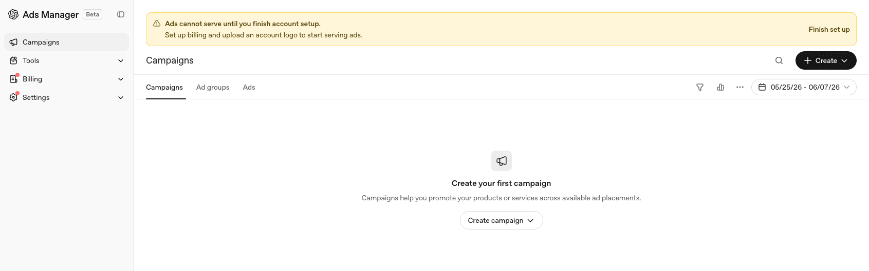 The ChatGPT Ads Manager beta interface, showing campaign objectives, bidding controls and ad group setup inside OpenAI's self-serve advertising platform