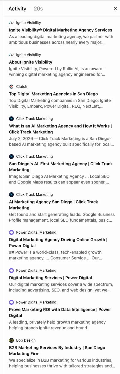 AI answer engine source panel repeatedly citing clicktrackmarketing.com among the sources used to generate the answer