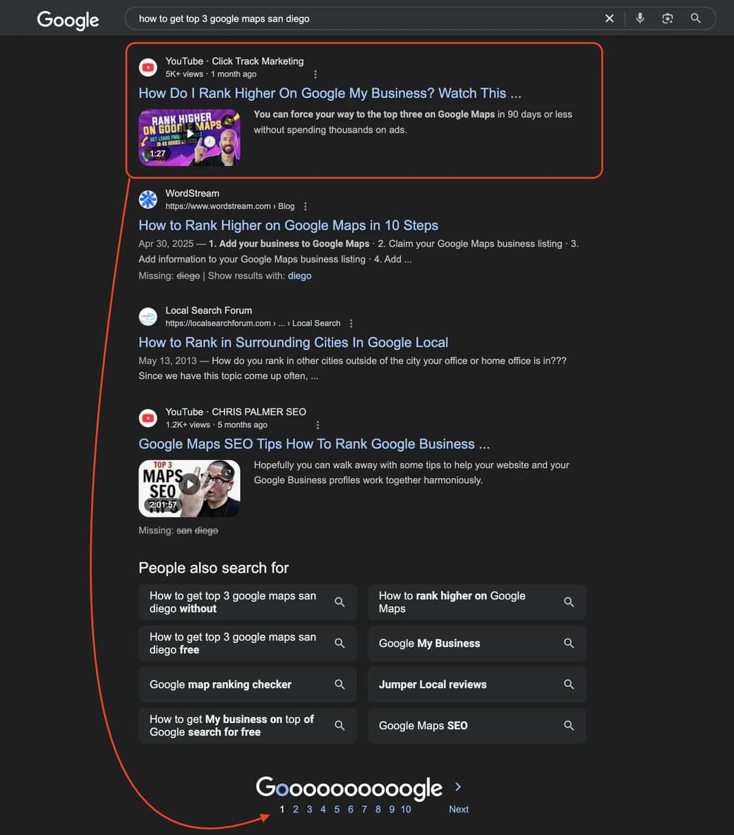 Google search for 'how to get top 3 google maps san diego' showing Click Track Marketing's video ranked #1
