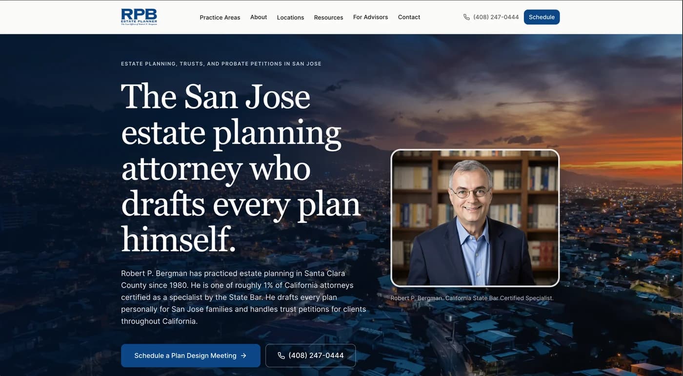 The Law Offices of Robert P. Bergman's redesigned website by Click Track Marketing — a clean, premium estate-planning site with a strong headline, the attorney's photo and certified-specialist credential, and clear scheduling calls to action
