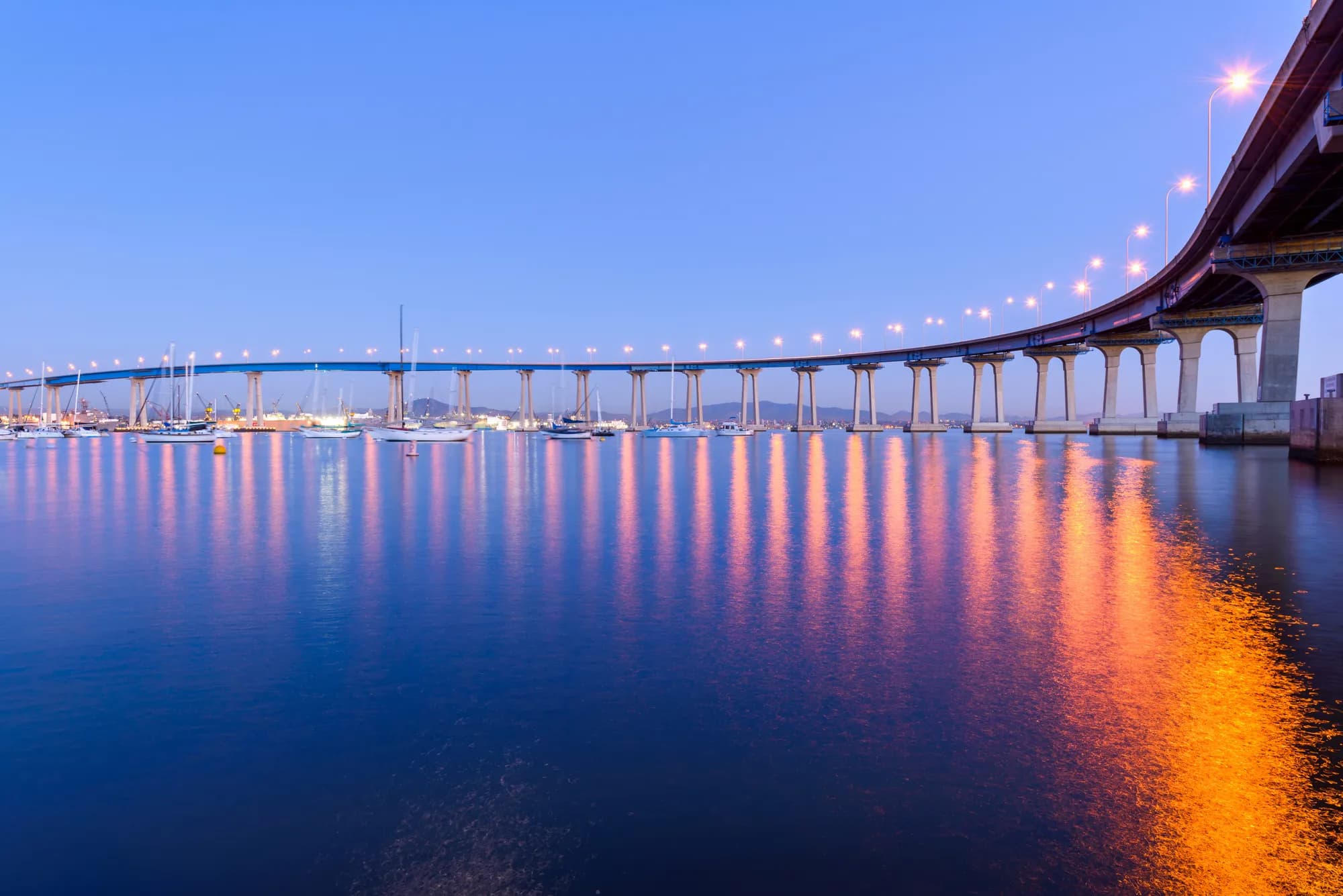 The Coronado Bridge over San Diego Bay at dusk