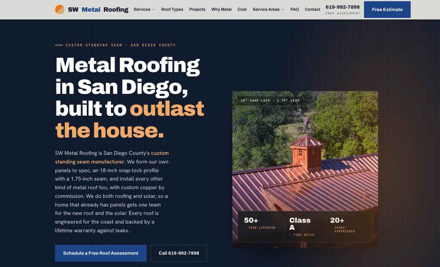 SW Metal Roofing's redesigned website by Click Track Marketing — a premium dark editorial site with bold typography, a real standing-seam metal roof photo, and 50-plus-year lifespan and Class A fire-rated spec proof