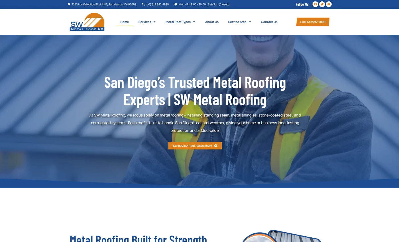 SW Metal Roofing's previous website — a generic blue template with a stock worker photo and a standard layout