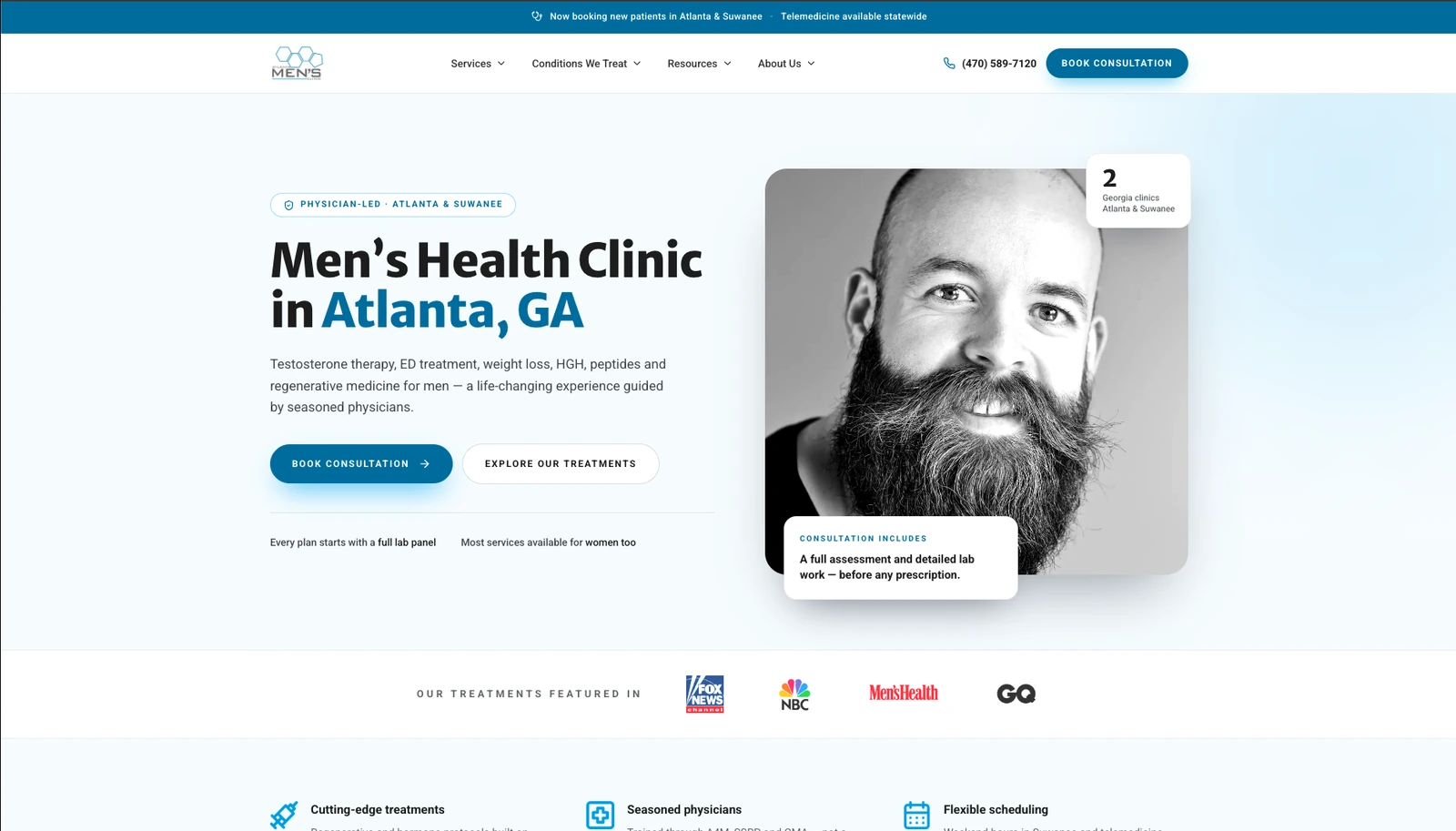 Atlanta Men's Clinic's redesigned website by Click Track Marketing — a clean, bright, physician-led homepage with a 'Men's Health Clinic in Atlanta, GA' hero, trust cards, media 'featured in' logos, and a prominent Book Consultation button