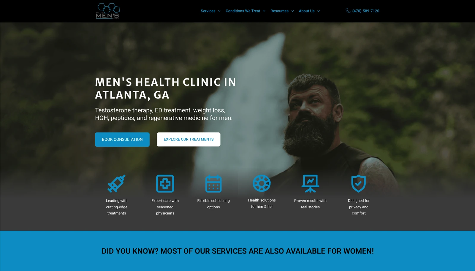 Atlanta Men's Clinic's previous website — a dark, generic template with a forest and waterfall hero photo and a standard icon row