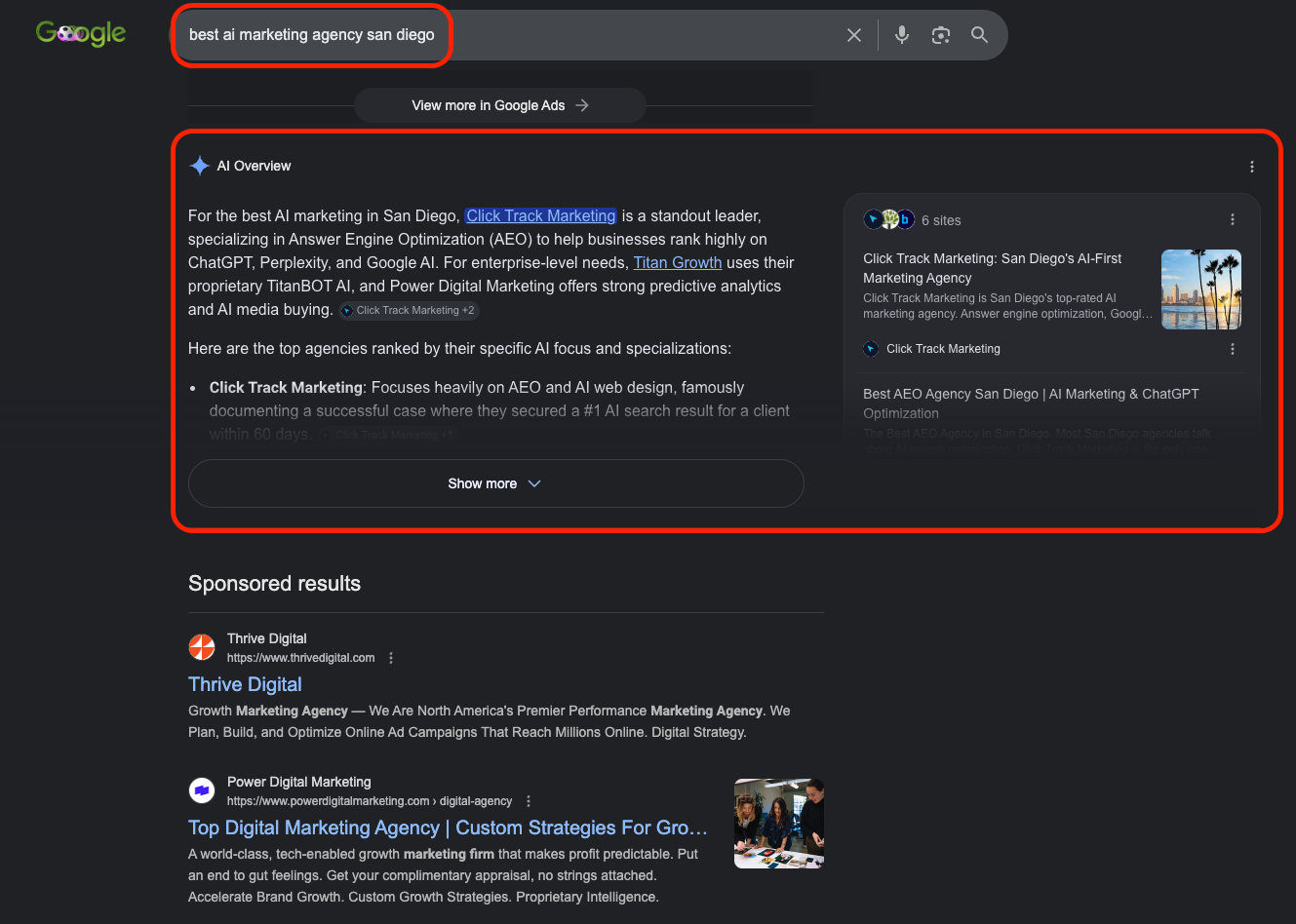Google AI Overview for the search 'best AI marketing agency San Diego' naming Click Track Marketing as the standout leader in Answer Engine Optimization, cited first among top agencies