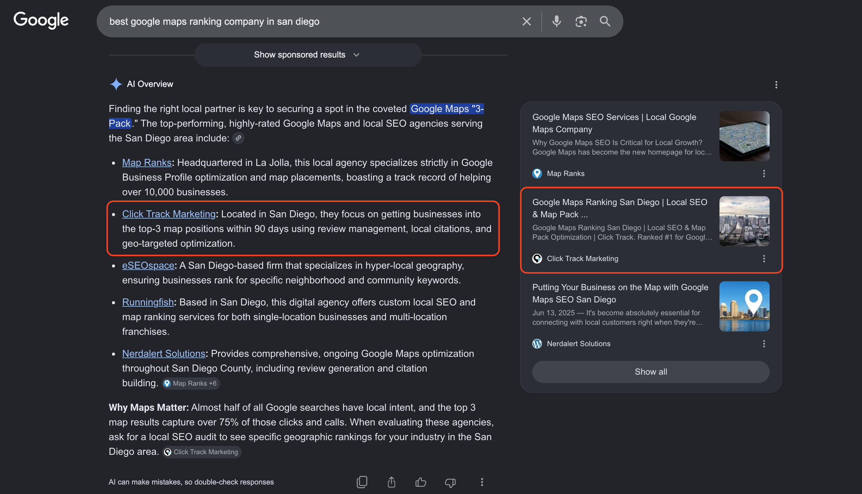 Click Track Marketing named the “Best Google Maps Ranking Company in San Diego” in Google's AI Overview