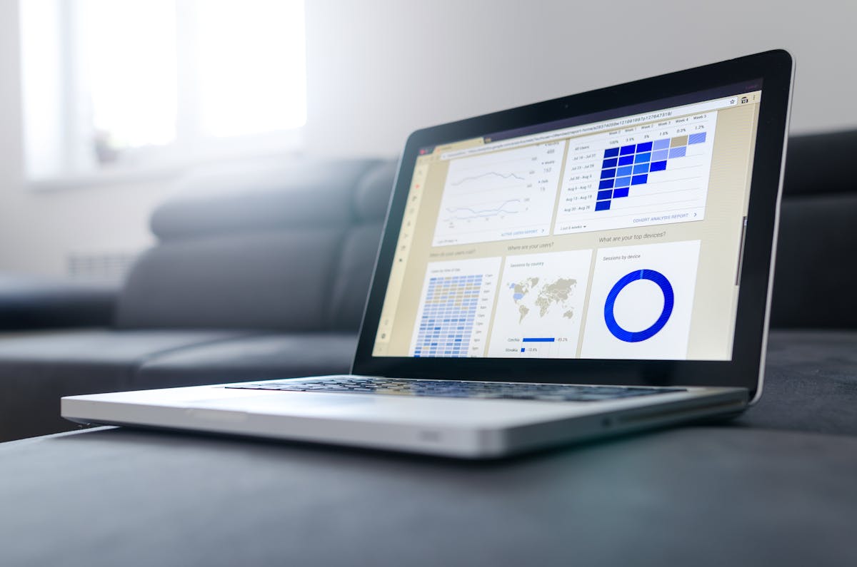 Laptop displaying a web analytics dashboard with charts and metrics
