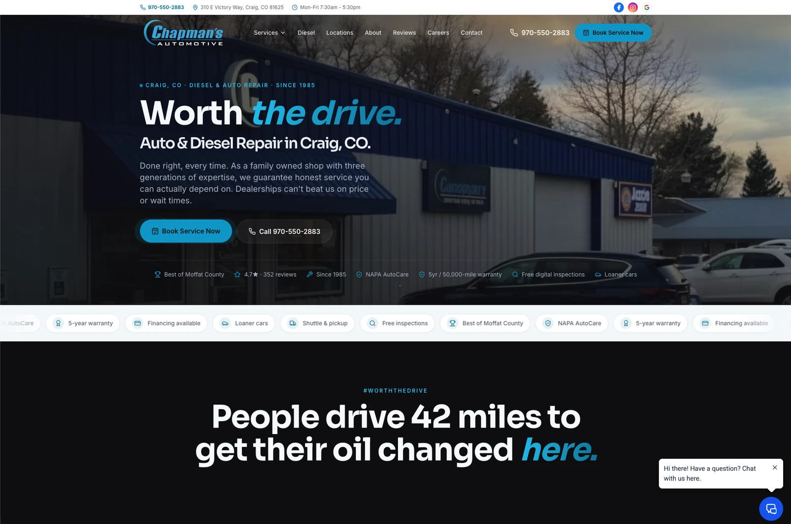 Chapman's Automotive's affordable custom rebuild by Click Track Marketing — a modern dark cinematic hero with prominent Book Service Now and Call buttons, a 4.7-star 352-review rating, and a 'since 1985' trust line