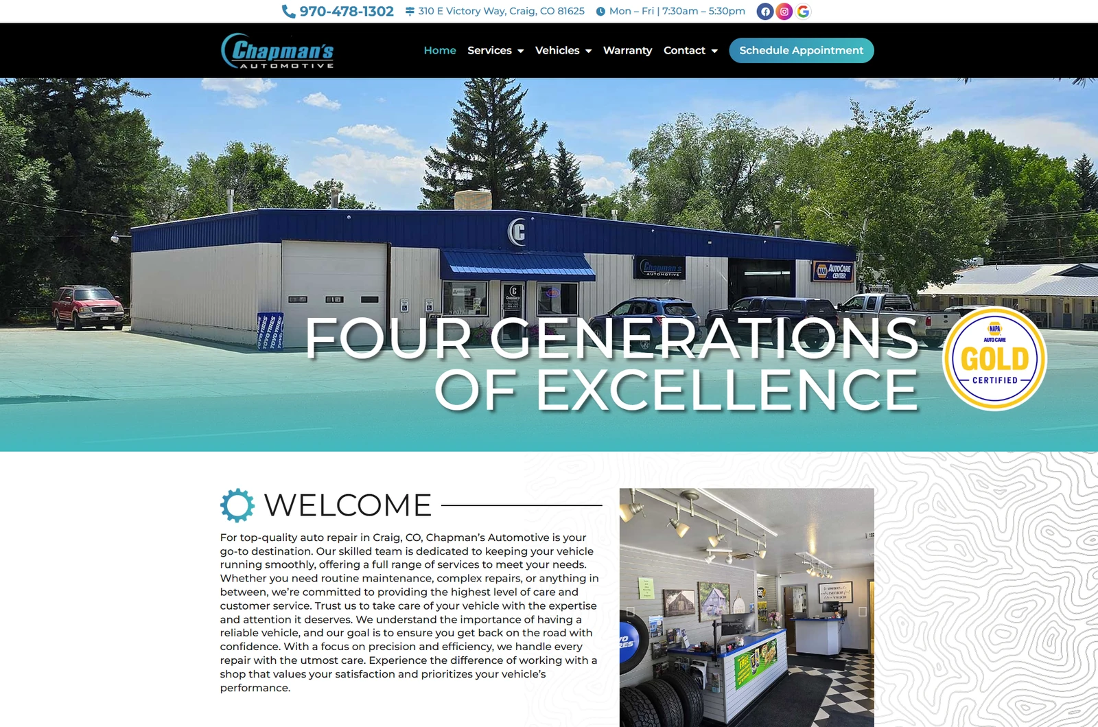 Chapman's Automotive's previous website — a generic template-style site with a plain header and a static hero photo of the building