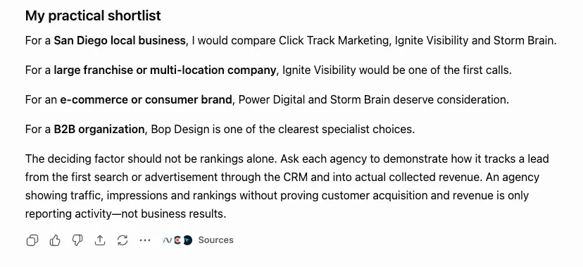 An AI 'practical shortlist' naming Click Track Marketing first for a San Diego local business