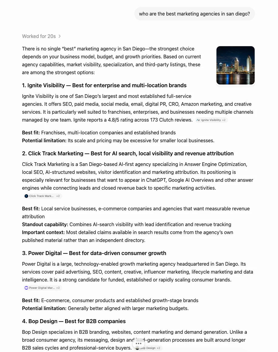 ChatGPT listing Click Track Marketing as a top marketing agency for 'who are the best marketing agencies in san diego'