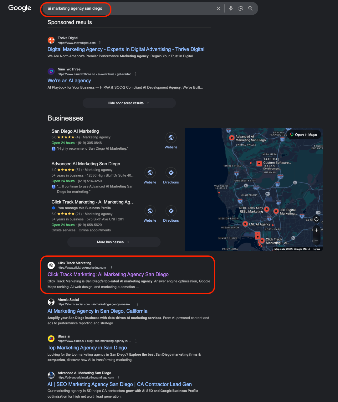 Click Track Marketing ranking #1 for “AI Marketing Agency San Diego”