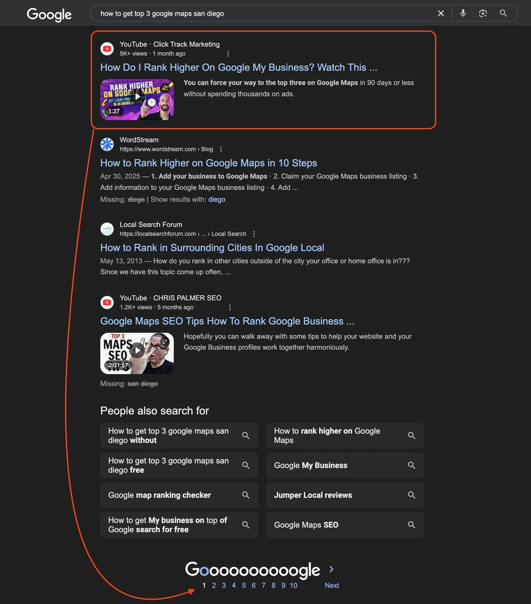 Google search for 'how to get top 3 google maps san diego' showing Click Track Marketing's video ranked #1