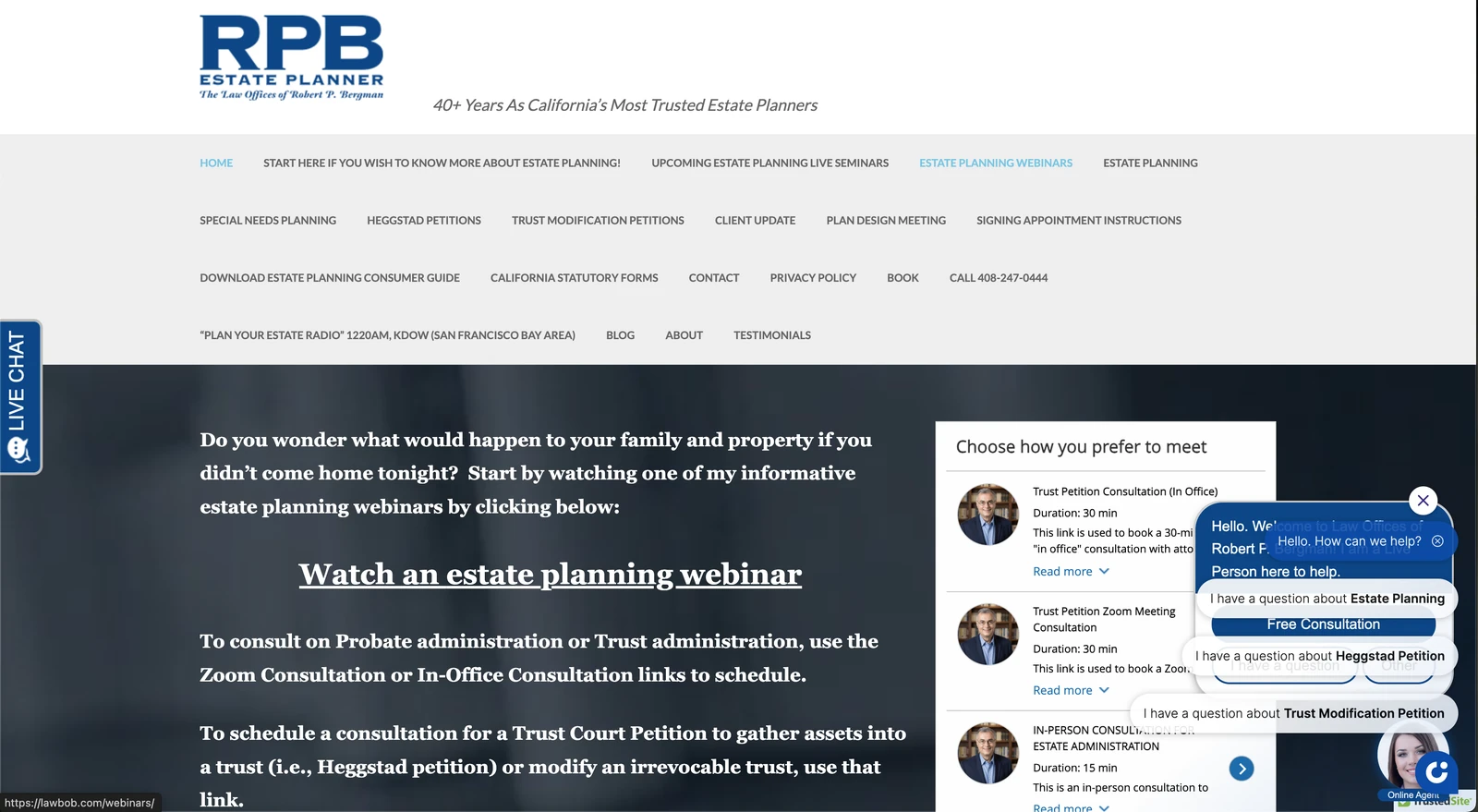 RPB Estate Planner's old website before redesign — a cluttered, dated WordPress site with an overwhelming navigation menu and overlapping chat widgets