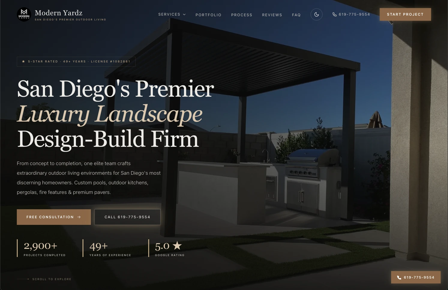 Modern Yardz's redesigned website — a premium luxury landscape design-build site that now ranks #1 in the San Diego map pack
