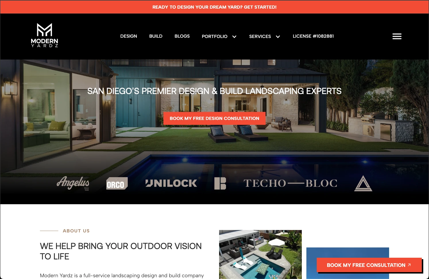 Modern Yardz's previous website — a generic template-style landscaping site with a standard dark header and a red promo bar