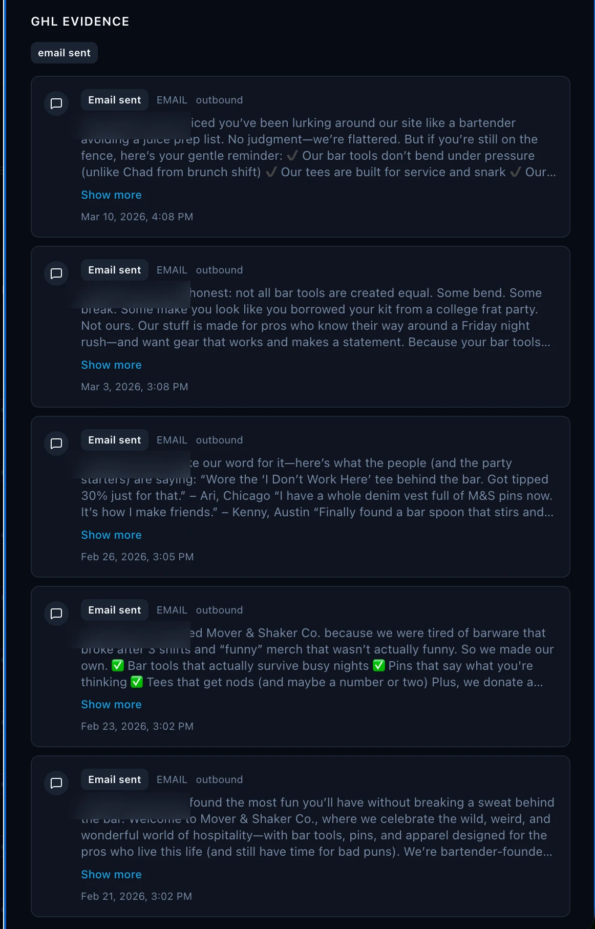 GoHighLevel activity log showing the series of nurture emails sent to a PeoplePixel-identified visitor