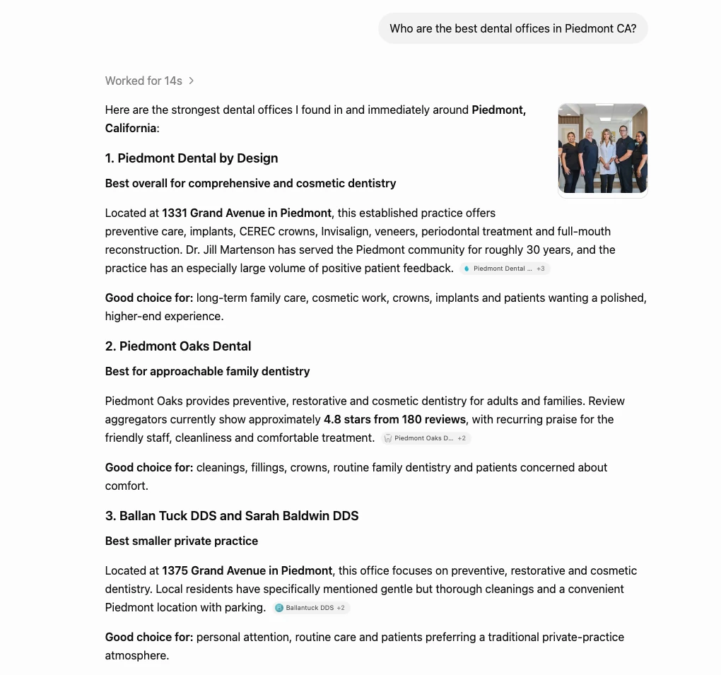 ChatGPT answer naming Piedmont Dental by Design first as best overall for comprehensive and cosmetic dentistry in Piedmont CA