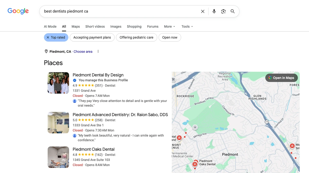 Piedmont Dental By Design ranked #1 in the Google Maps local pack for best dentists in Piedmont CA, 4.9 stars across 351 reviews, above competing practices