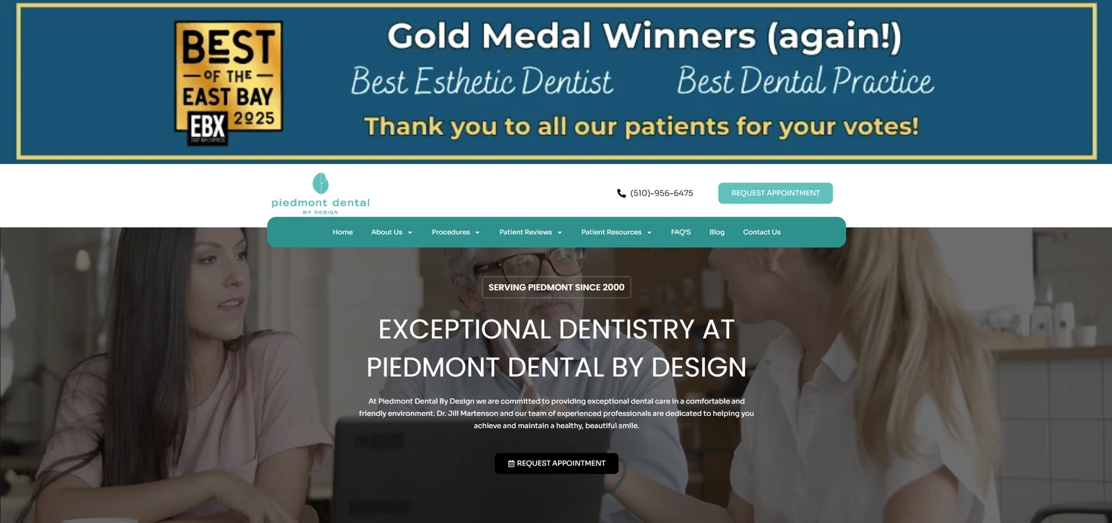 Piedmont Dental by Design's previous website — a cluttered template-style dental site with a large promotional banner, a stock hero photo, and a generic all-caps headline