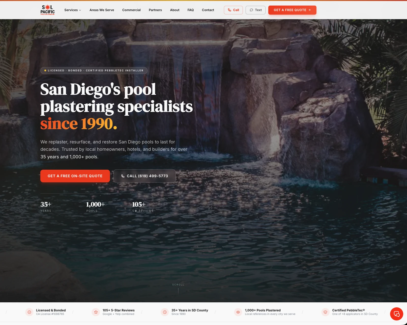 Sol Pacific Pools' redesigned website — a premium credibility-first pool company site with trust badges and stat proof