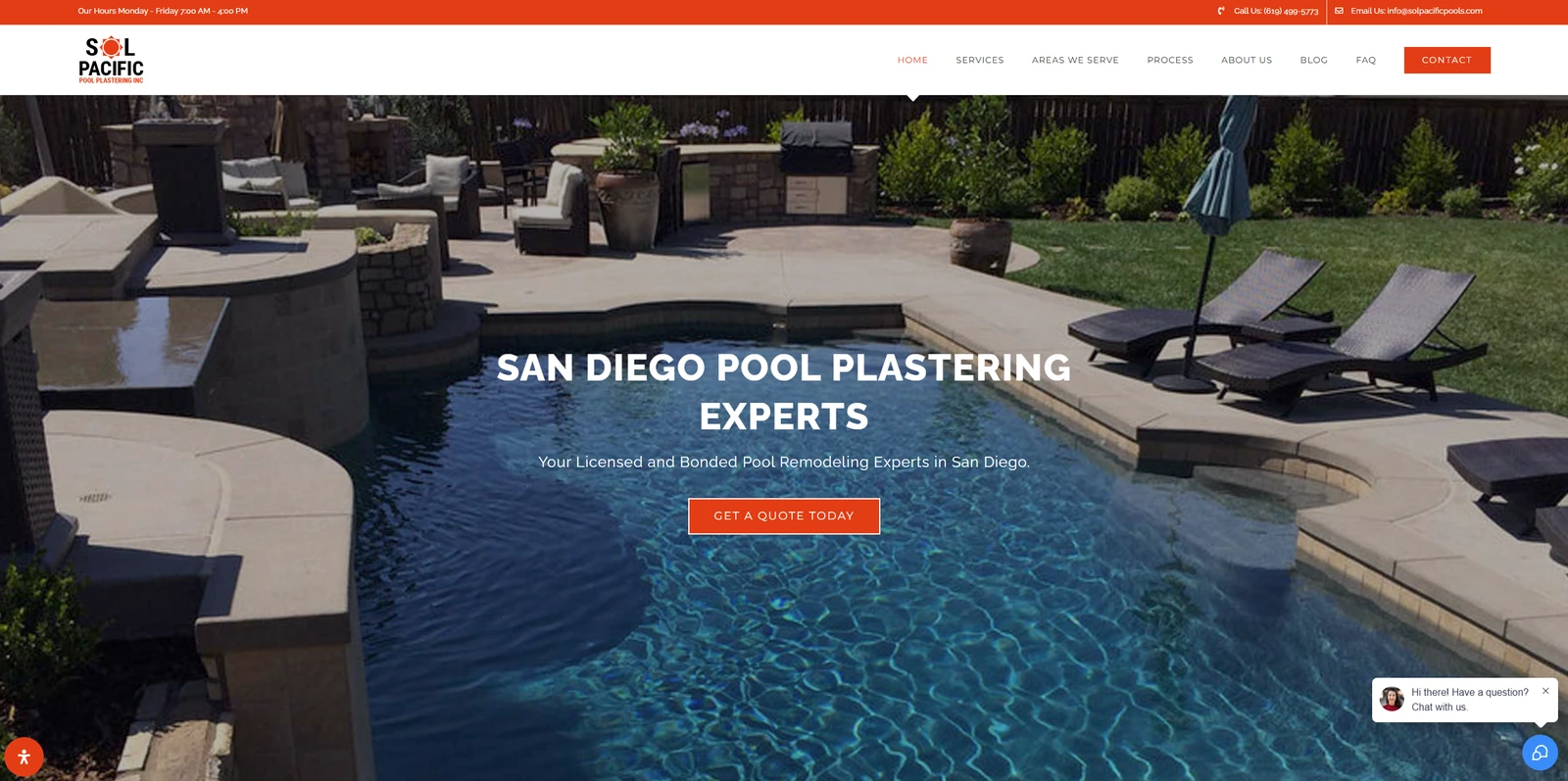 Sol Pacific Pools' previous website — a clean but generic template-style pool company site with a standard header and a single call to action