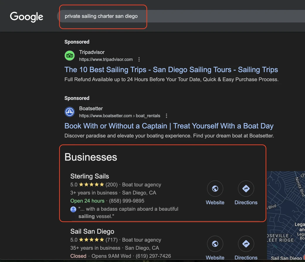 Google search for 'private sailing charter san diego' showing client Sterling Sails ranked #1 in the map pack with a 5.0 rating and 200 reviews
